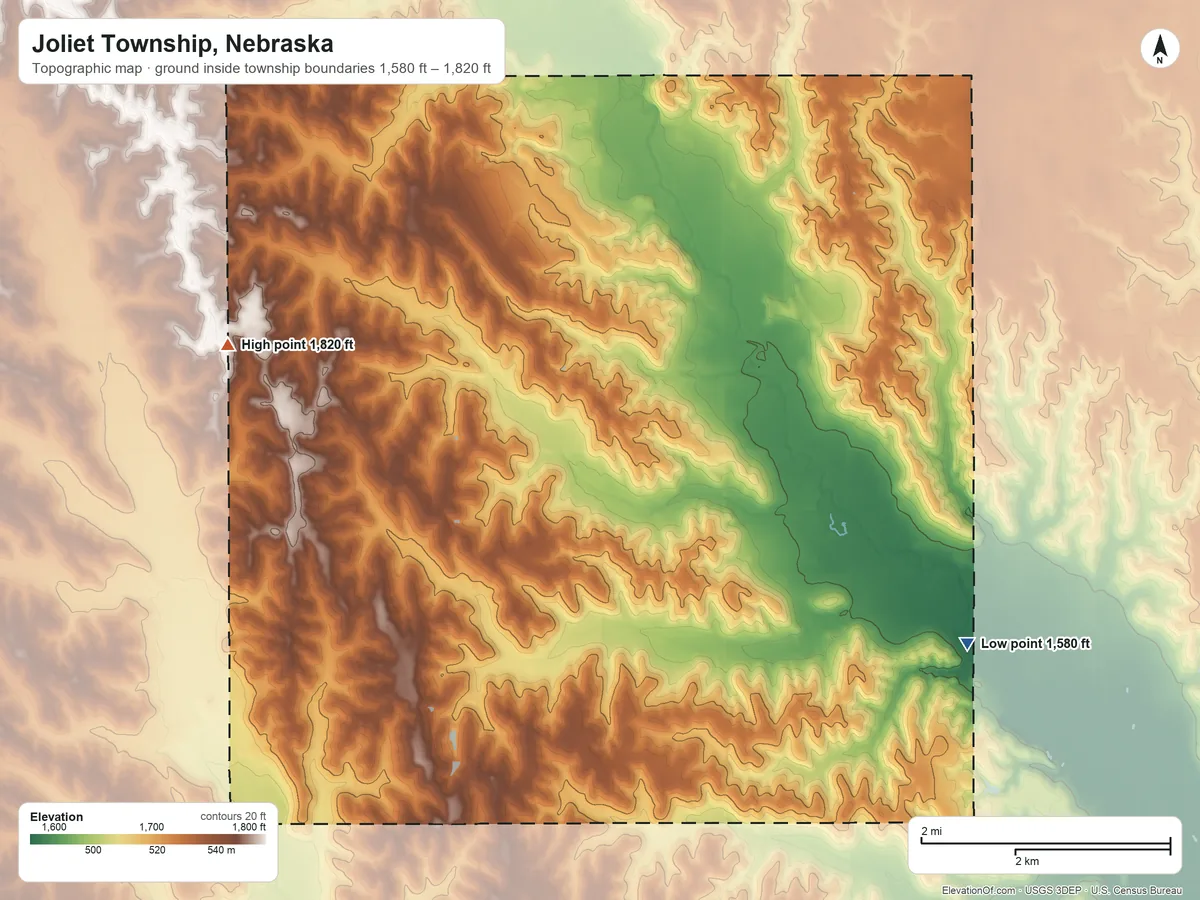 Topographic elevation map of Joliet Township, Nebraska, shaded from 1,580 ft on the southeast side to 1,820 ft on the west side