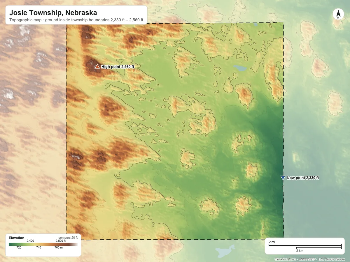 Topographic elevation map of Josie Township, Nebraska, shaded from 2,330 ft on the southeast side to 2,560 ft on the west side