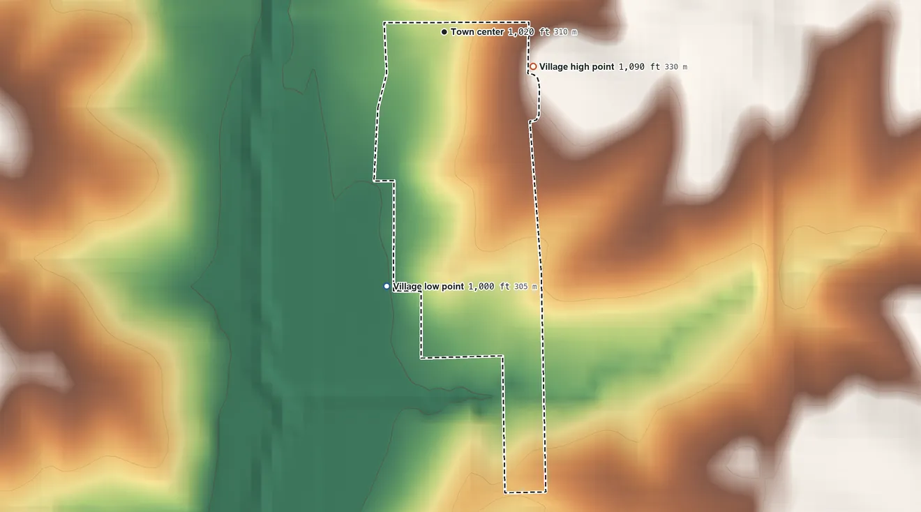 Topographic elevation map of Julian, Nebraska, shaded from 1,000 ft on the south side to 1,090 ft on the east side