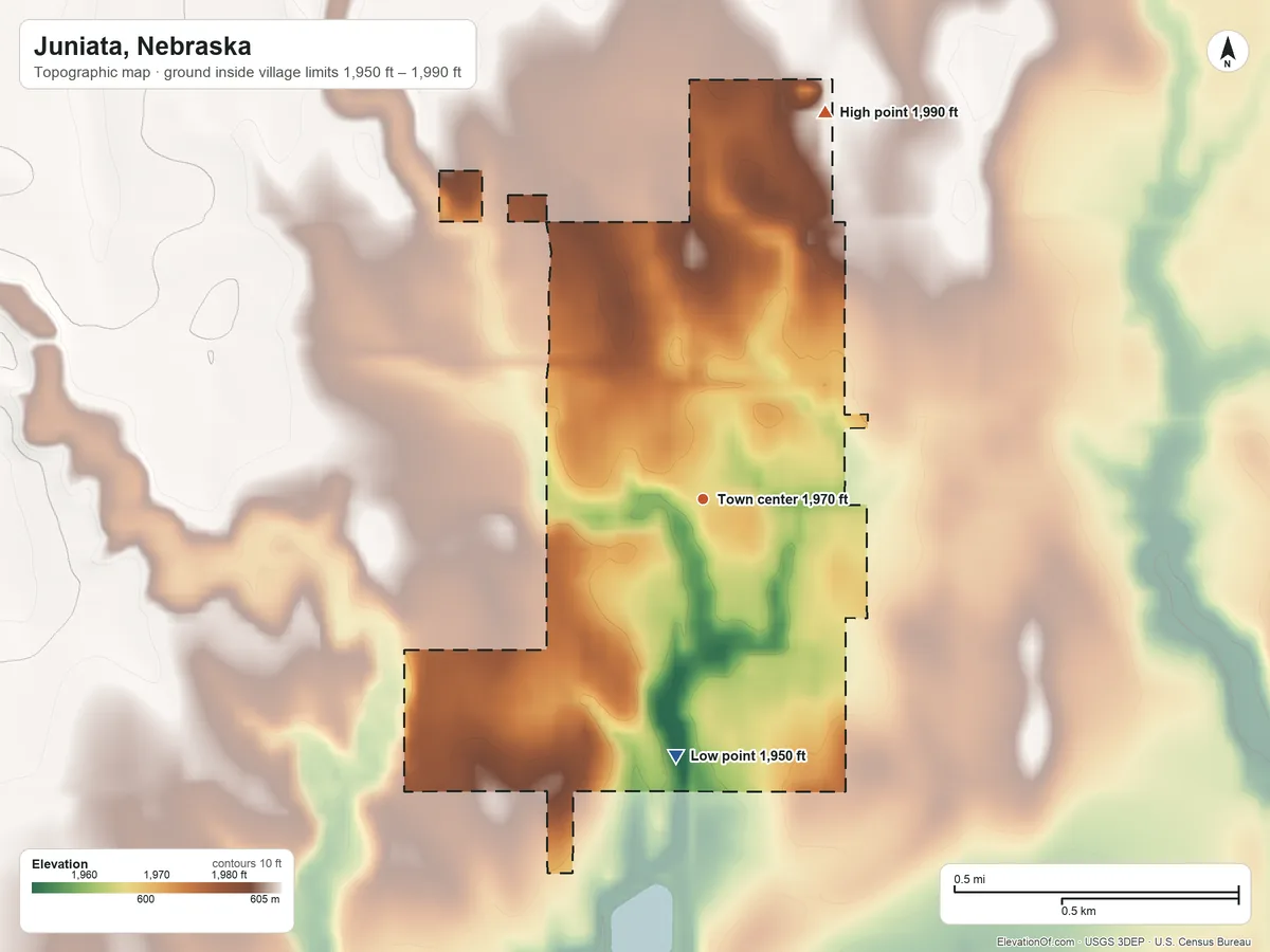 Topographic elevation map of Juniata, Nebraska, shaded from 1,950 ft on the south side to 1,990 ft on the north side