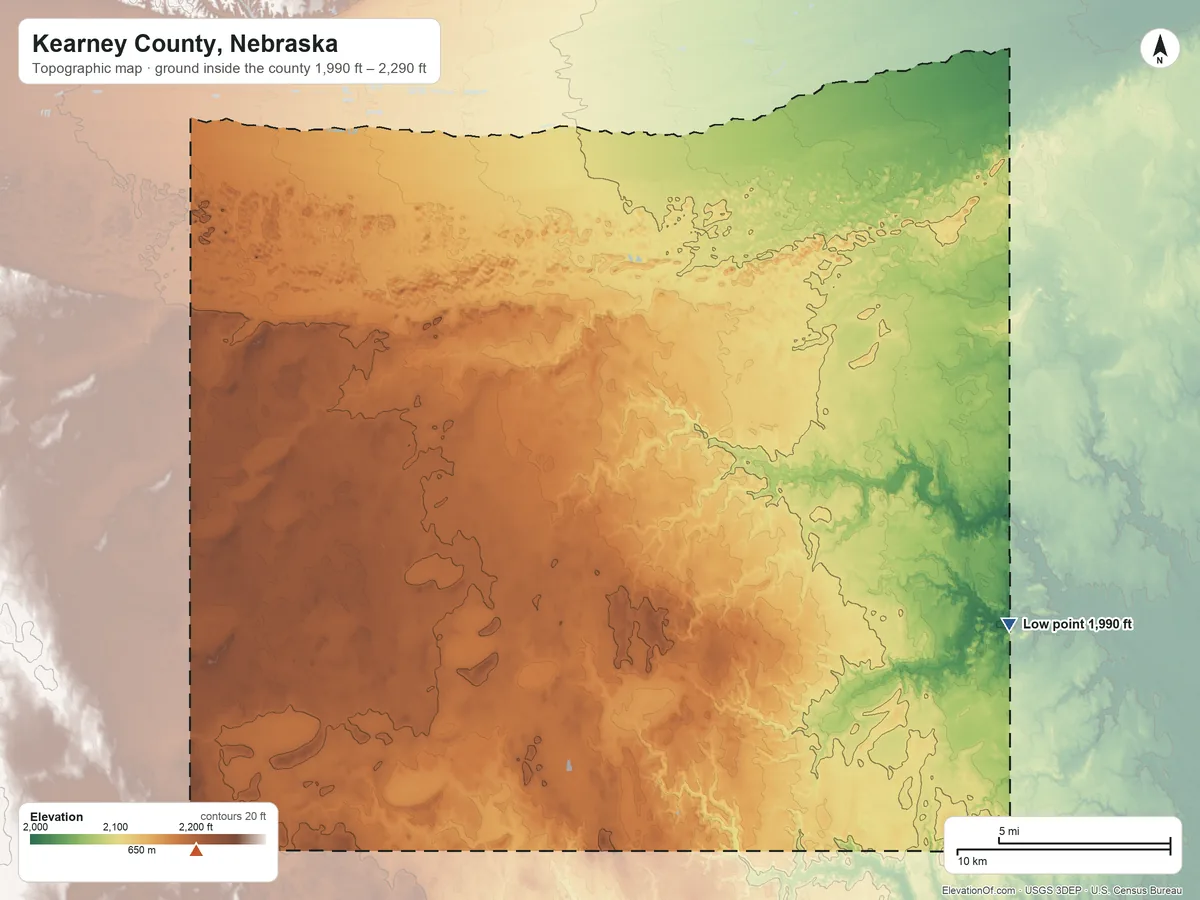 Topographic elevation map of Kearney County, Nebraska, shaded from 1,990 ft on the southeast side to 2,290 ft on the southwest side