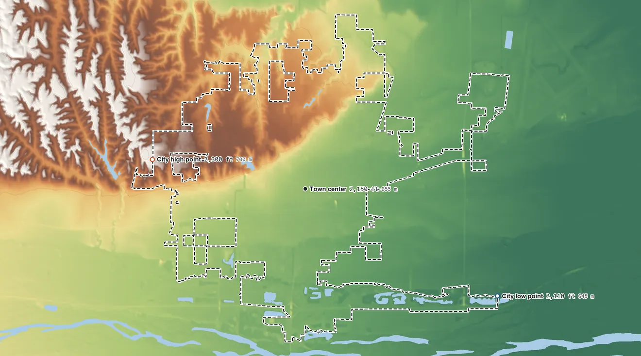 Topographic elevation map of Kearney, Nebraska, shaded from 2,110 ft on the southeast side to 2,300 ft on the west side
