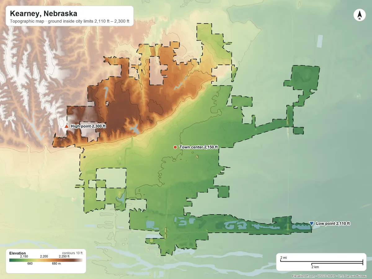 Topographic elevation map of Kearney, Nebraska, shaded from 2,110 ft on the southeast side to 2,300 ft on the west side