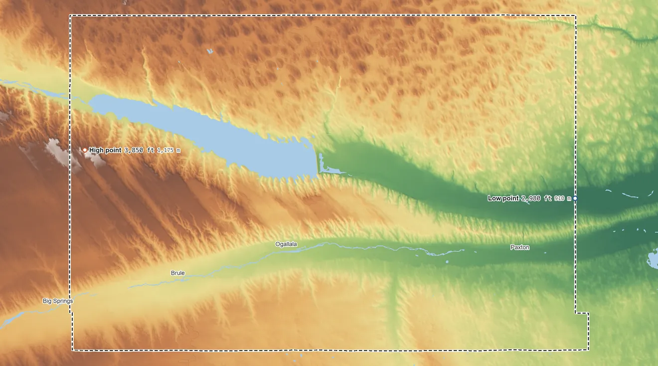 Topographic elevation map of Keith County, Nebraska, shaded from 2,980 ft on the east side to 3,850 ft on the west side
