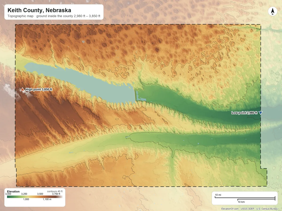 Topographic elevation map of Keith County, Nebraska, shaded from 2,980 ft on the east side to 3,850 ft on the west side