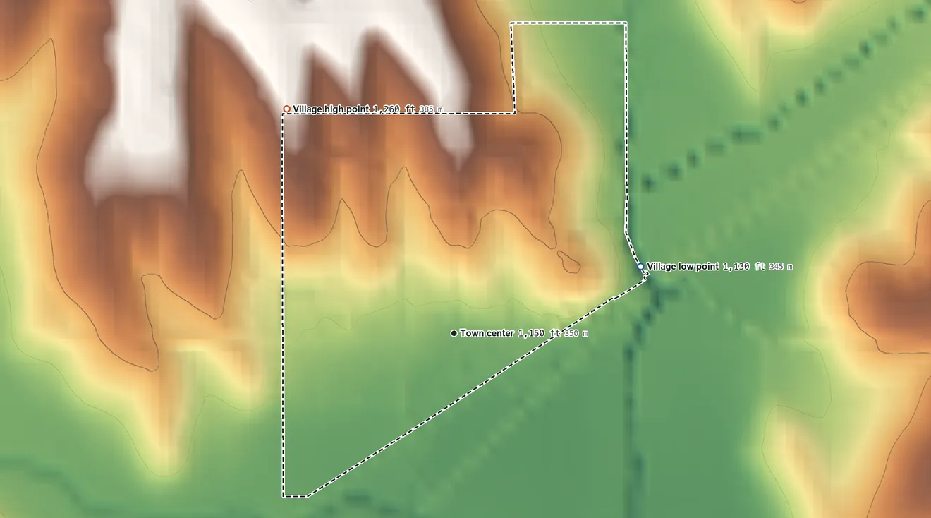 Topographic elevation map of Kennard, Nebraska, shaded from 1,130 ft on the east side to 1,260 ft on the northwest side