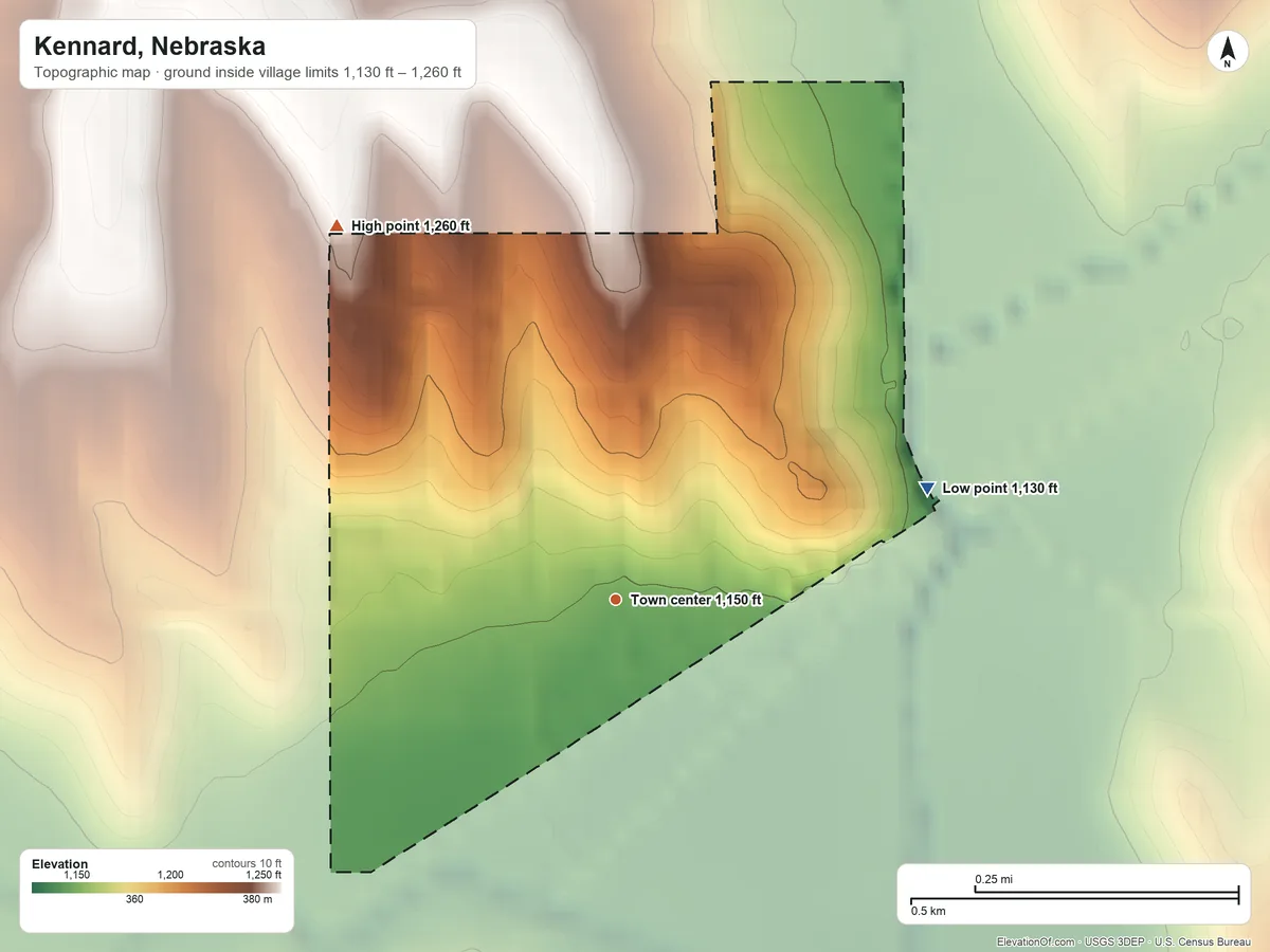 Topographic elevation map of Kennard, Nebraska, shaded from 1,130 ft on the east side to 1,260 ft on the northwest side