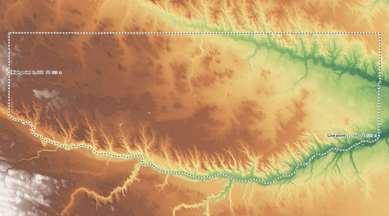 Topographic elevation map of Keya Paha County, Nebraska, shaded from 1,760 ft on the east side to 2,660 ft on the west side