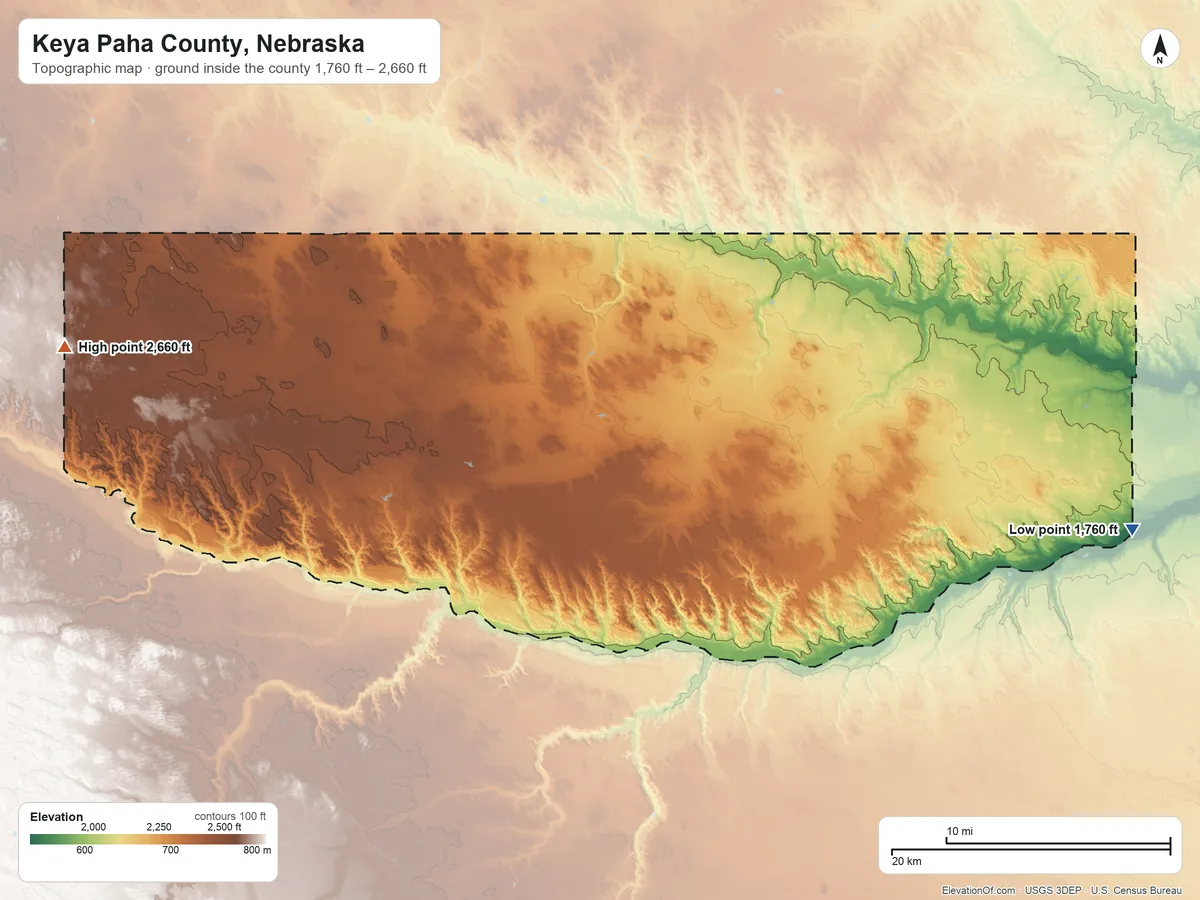 Topographic elevation map of Keya Paha County, Nebraska, shaded from 1,760 ft on the east side to 2,660 ft on the west side