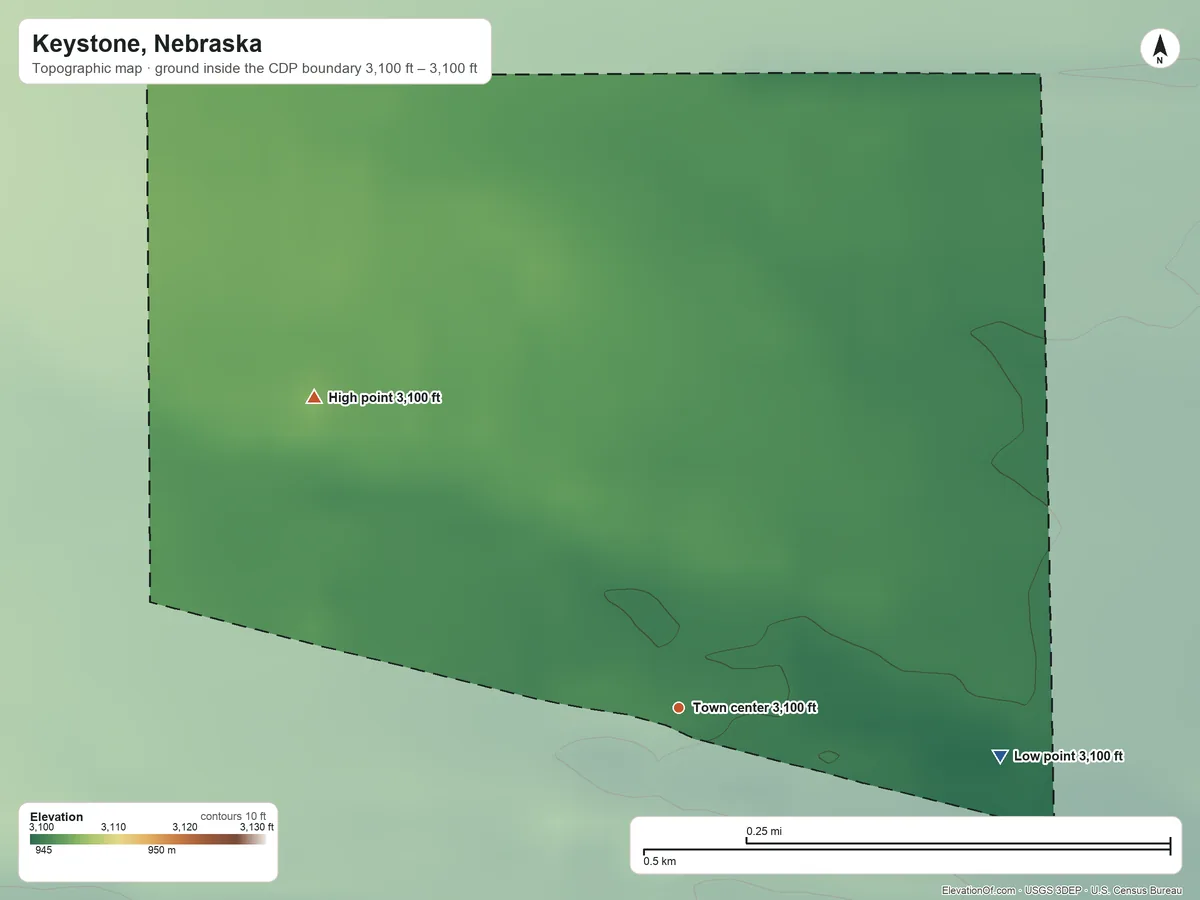 Topographic elevation map of Keystone, Nebraska, shaded from 3,100 ft on the east side to 3,100 ft on the northwest side