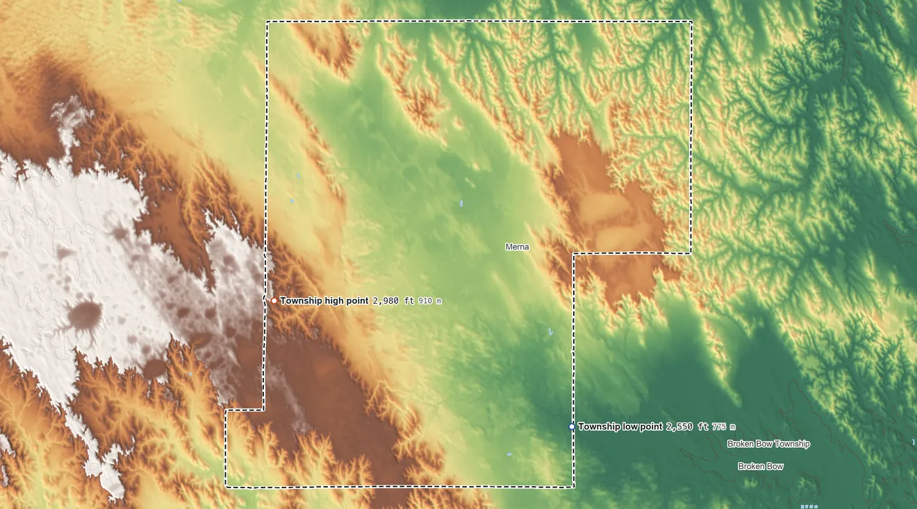 Topographic elevation map of Kilfoil Township, Nebraska, shaded from 2,550 ft on the south side to 2,980 ft on the west side