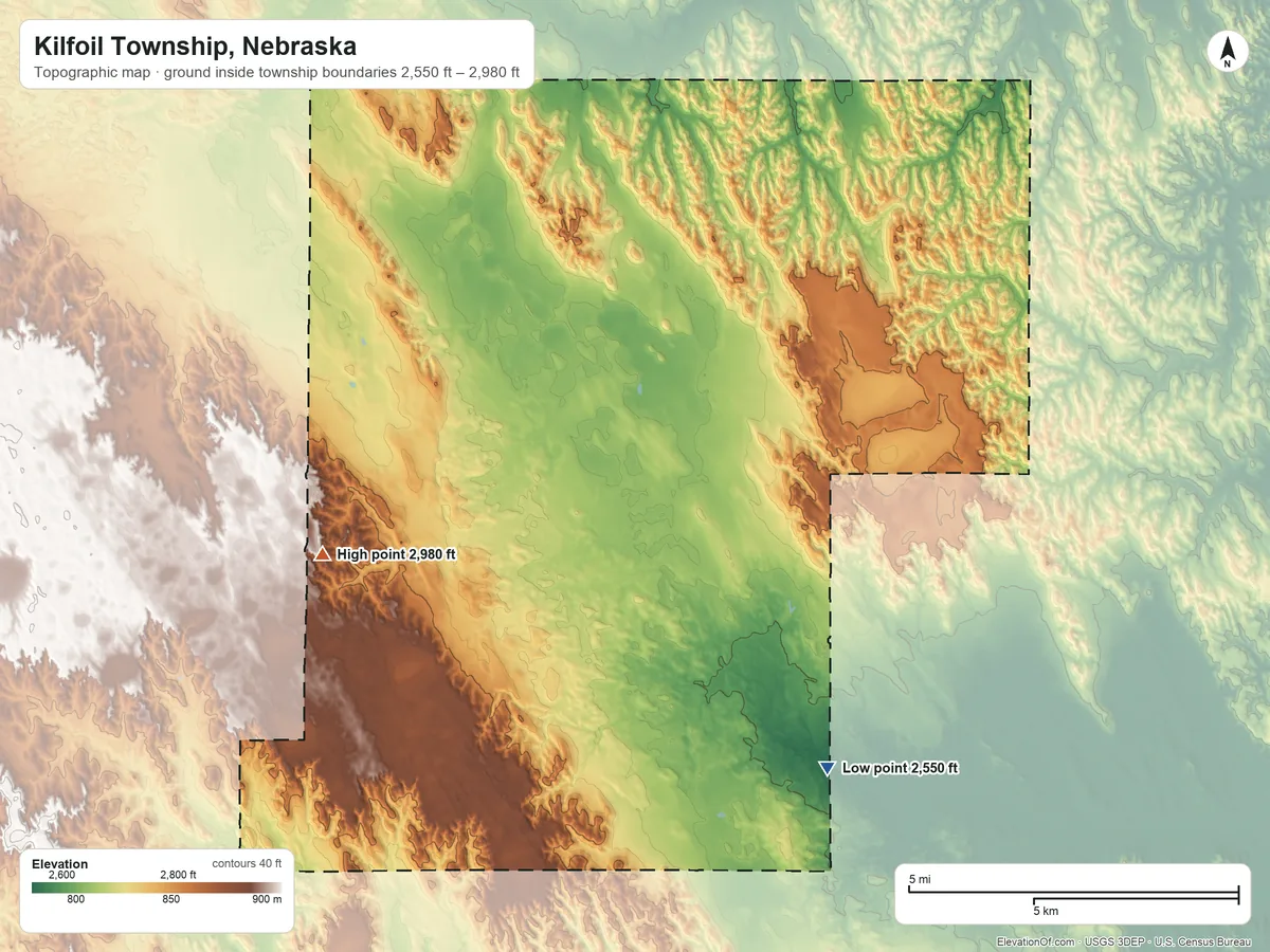 Topographic elevation map of Kilfoil Township, Nebraska, shaded from 2,550 ft on the south side to 2,980 ft on the west side