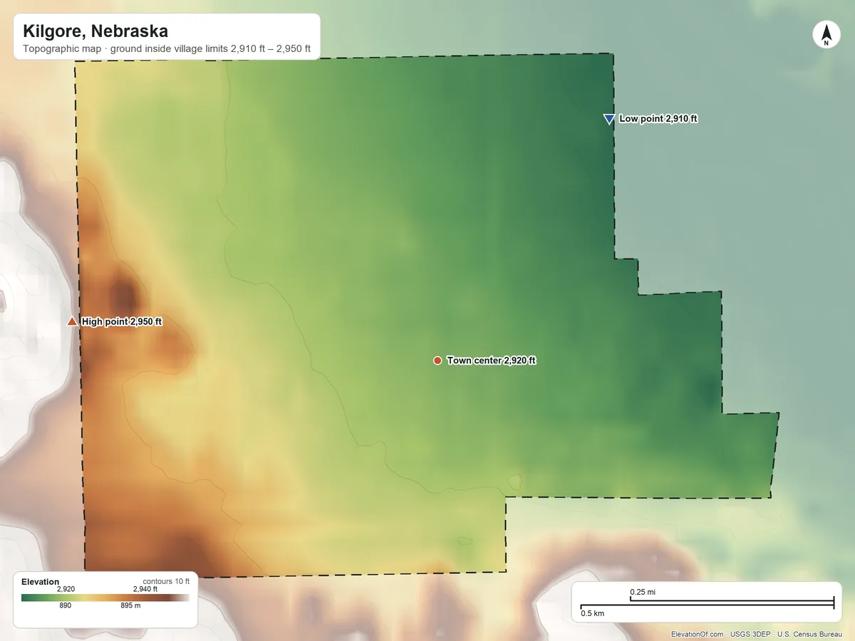 Topographic elevation map of Kilgore, Nebraska, shaded from 2,910 ft on the northeast side to 2,950 ft on the west side