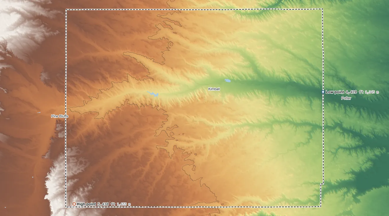 Topographic elevation map of Kimball County, Nebraska, shaded from 4,420 ft on the east side to 5,430 ft on Panorama Point