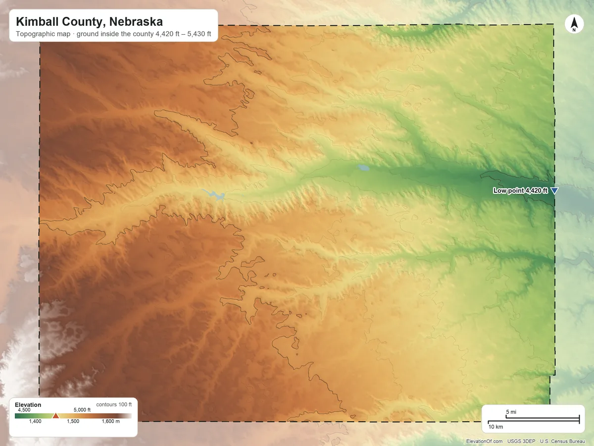 Topographic elevation map of Kimball County, Nebraska, shaded from 4,420 ft on the east side to 5,430 ft on Panorama Point