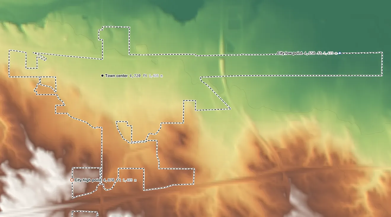 Topographic elevation map of Kimball, Nebraska, shaded from 4,650 ft on the east side to 4,870 ft on the south side