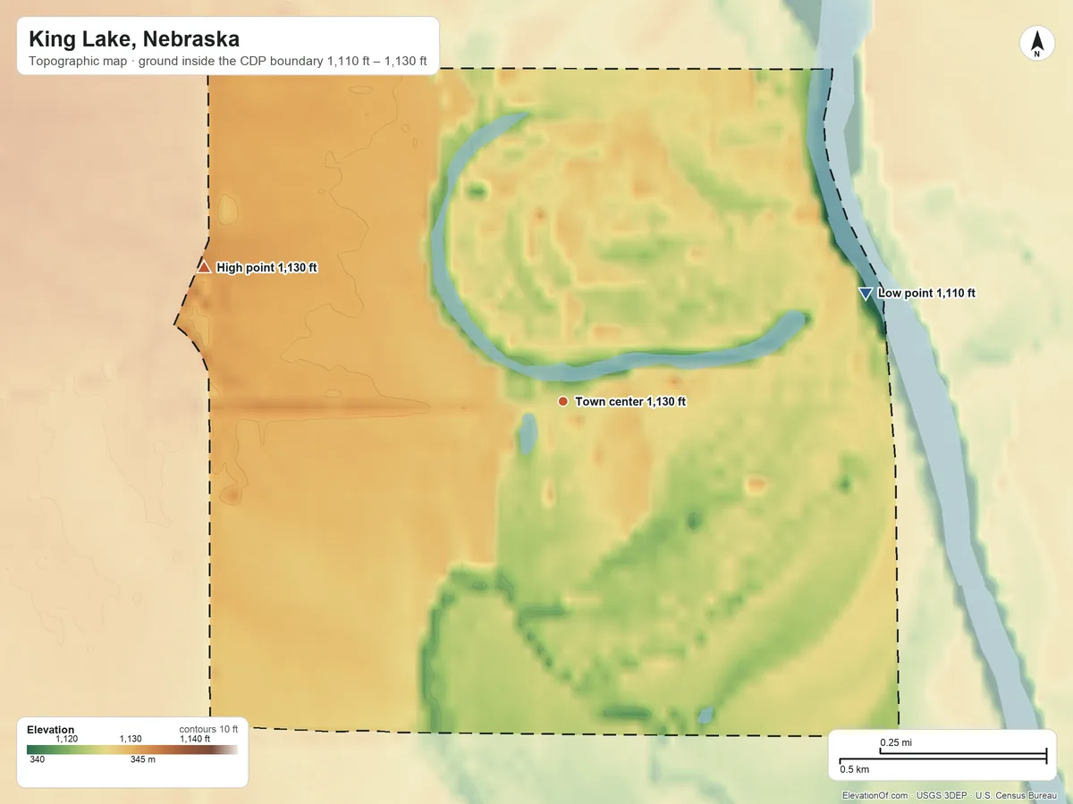 Topographic elevation map of King Lake, Nebraska, shaded from 1,110 ft on the east side to 1,130 ft on the west side