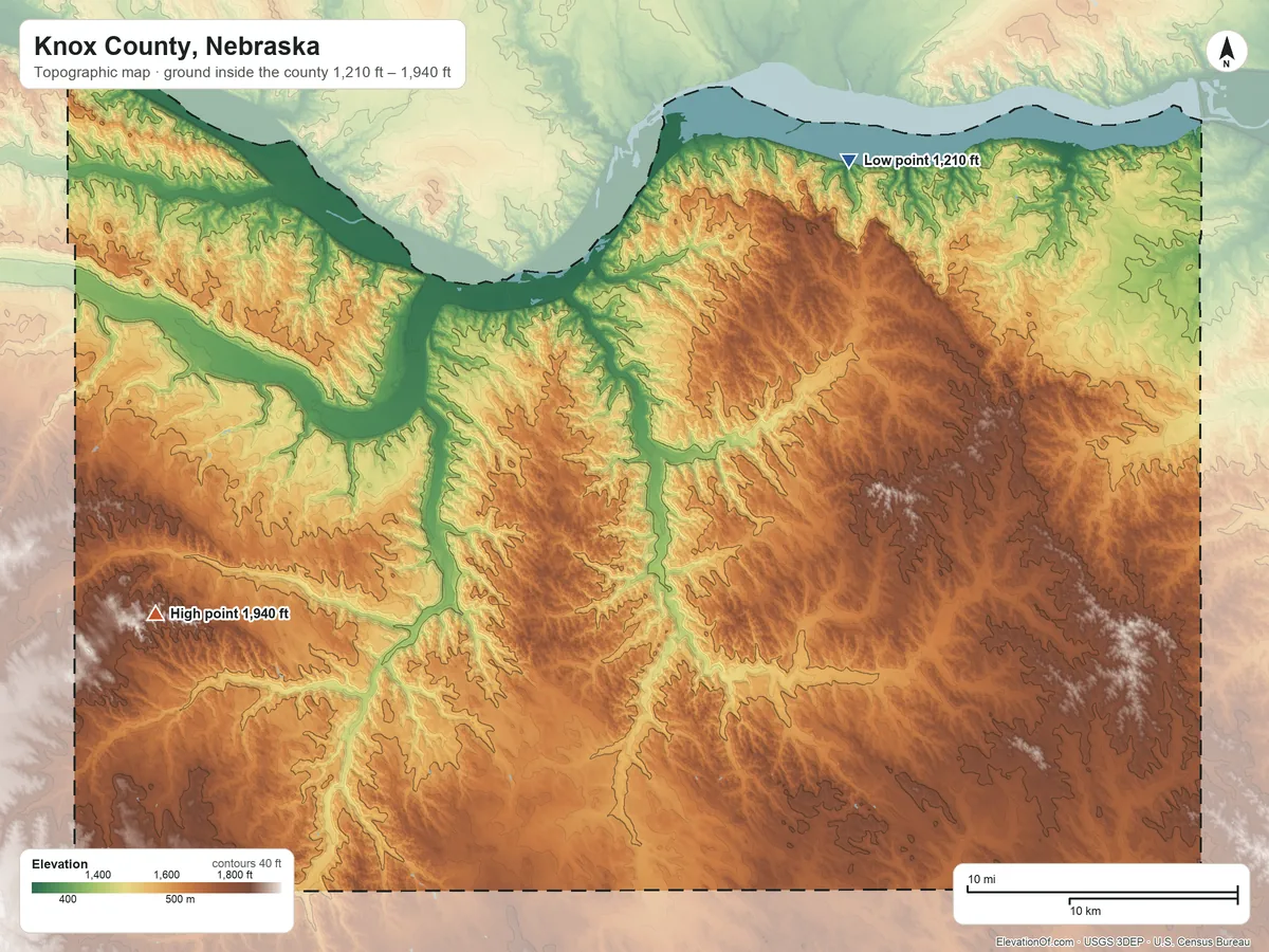Topographic elevation map of Knox County, Nebraska, shaded from 1,210 ft on the northeast side to 1,940 ft on the west side