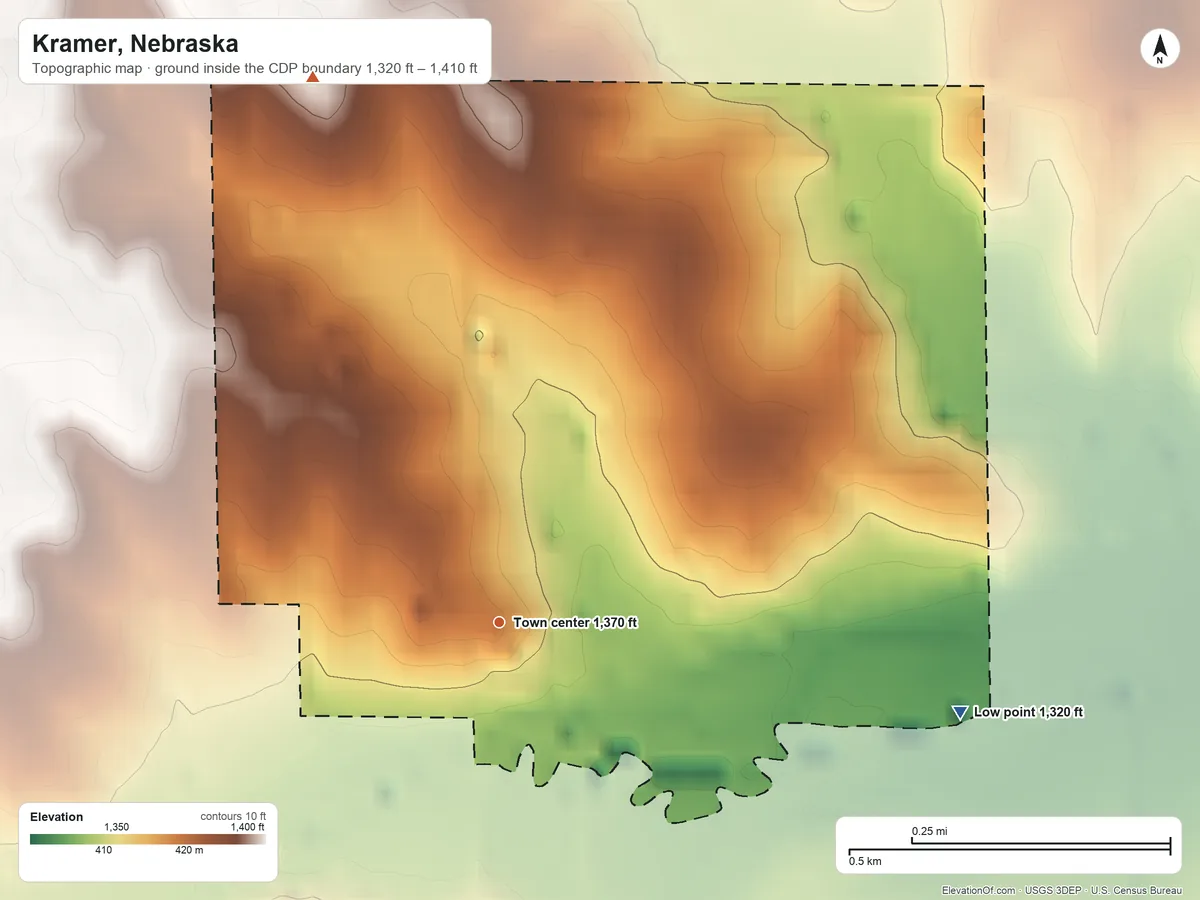Topographic elevation map of Kramer, Nebraska, shaded from 1,320 ft on the east side to 1,410 ft on the north side
