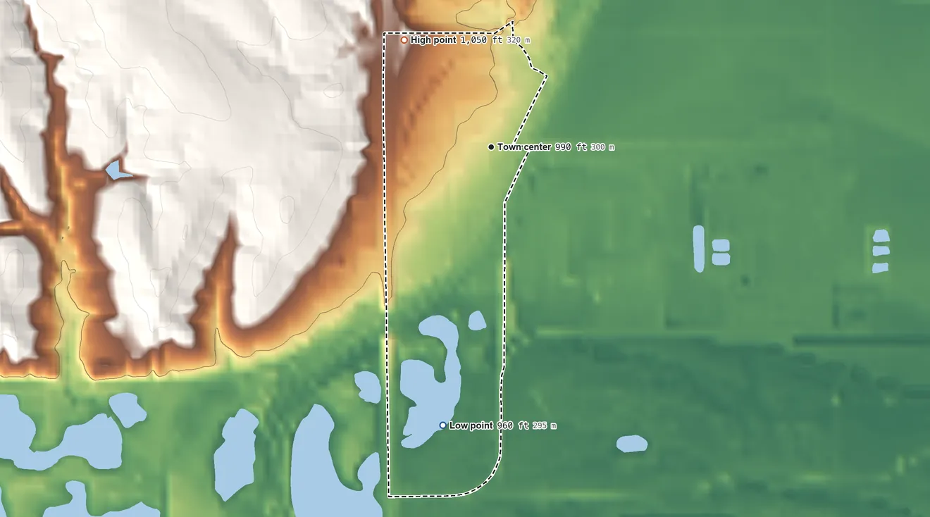 Topographic elevation map of La Platte, Nebraska, shaded from 960 ft on the south side to 1,050 ft on the northwest side