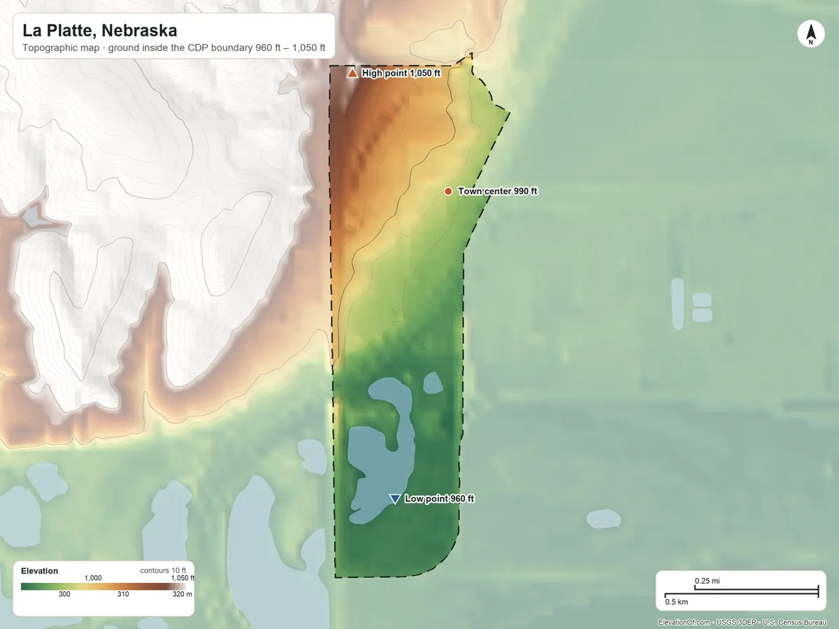 Topographic elevation map of La Platte, Nebraska, shaded from 960 ft on the south side to 1,050 ft on the northwest side