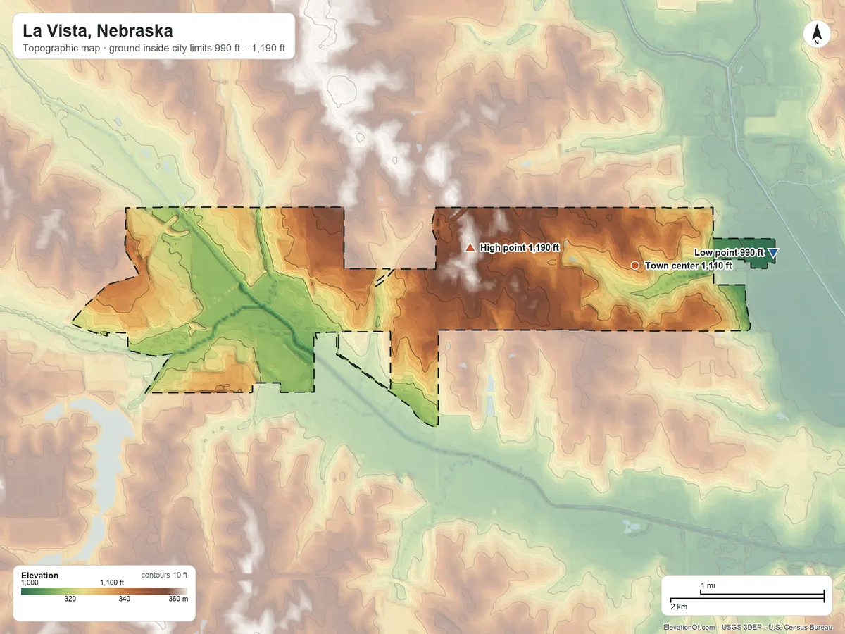 Topographic elevation map of La Vista, Nebraska, shaded from 990 ft on the east side to 1,190 ft on the west side