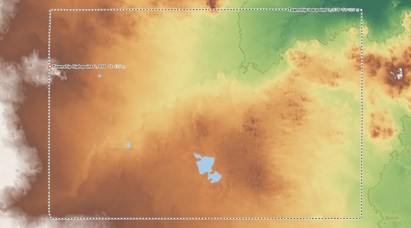 Topographic elevation map of Lake Township, Nebraska, shaded from 1,970 ft on the northeast side to 2,090 ft on the northwest side