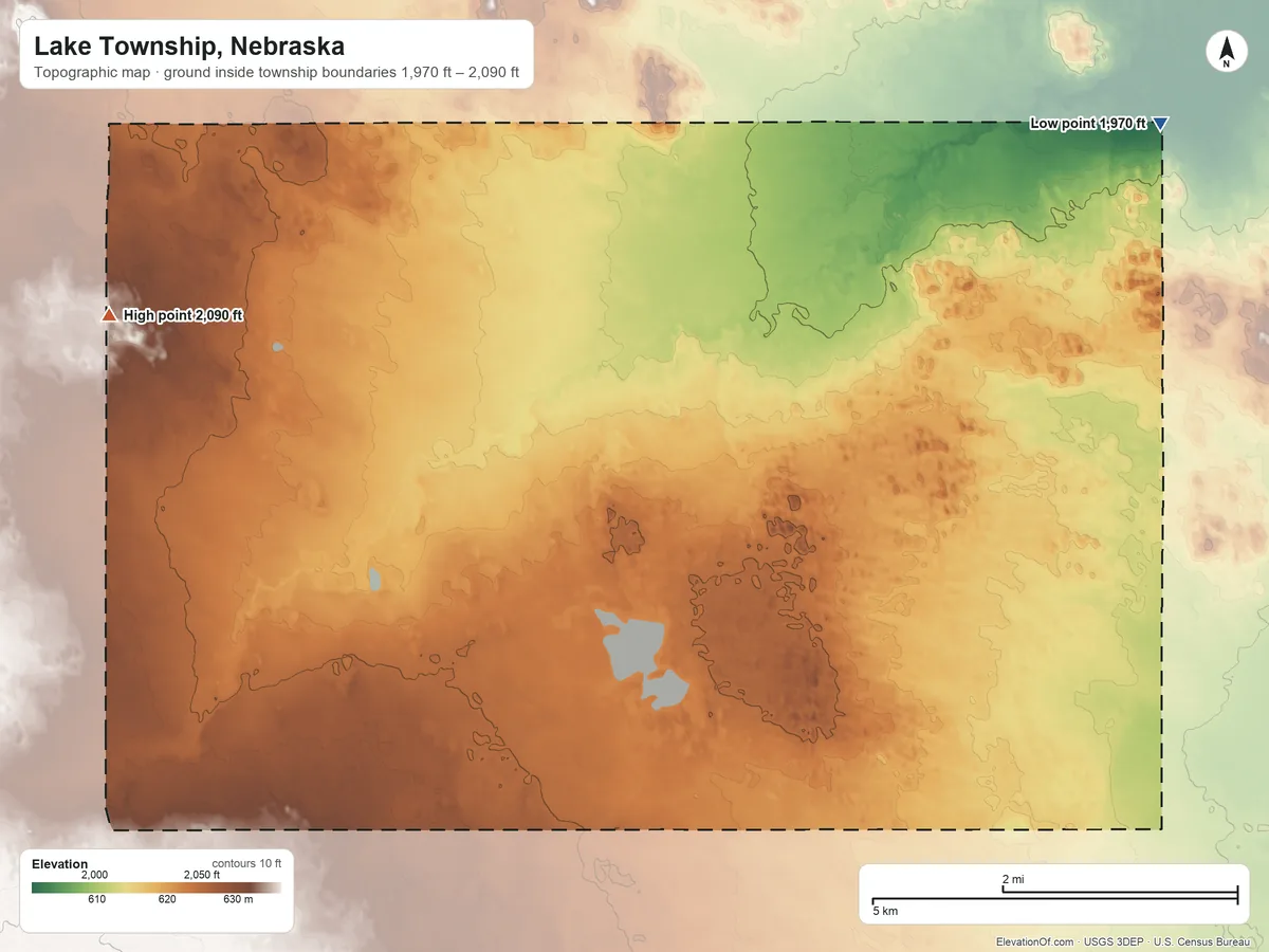 Topographic elevation map of Lake Township, Nebraska, shaded from 1,970 ft on the northeast side to 2,090 ft on the northwest side