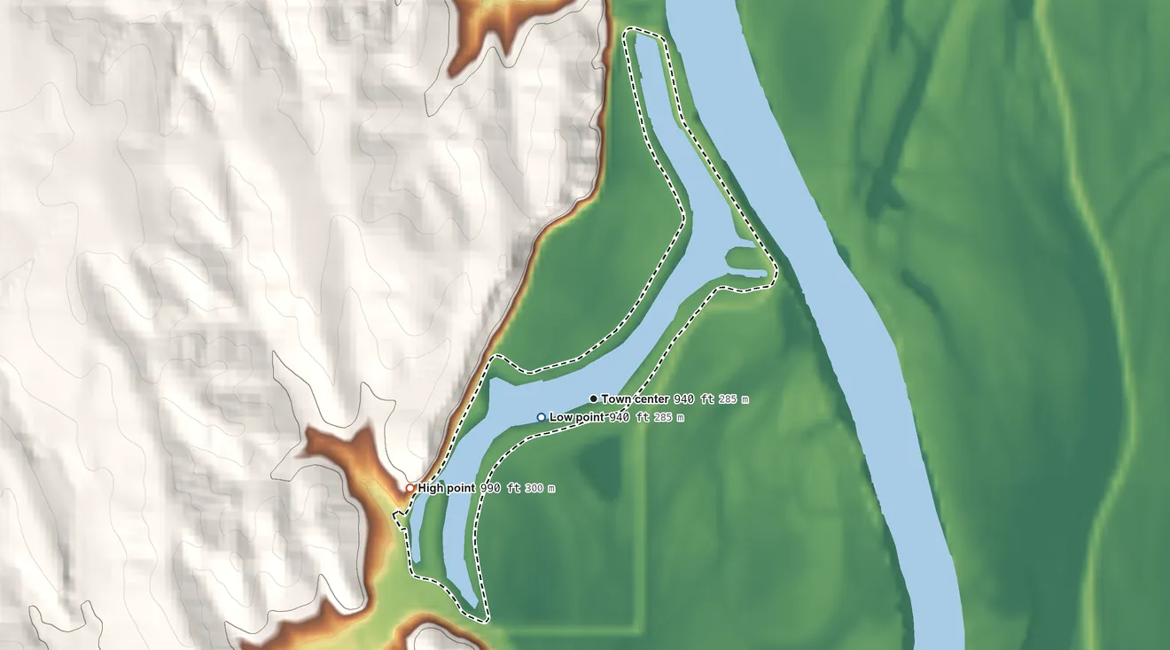 Topographic elevation map of Lake Waconda, Nebraska, shaded from 940 ft near the middle to 990 ft on the southwest side