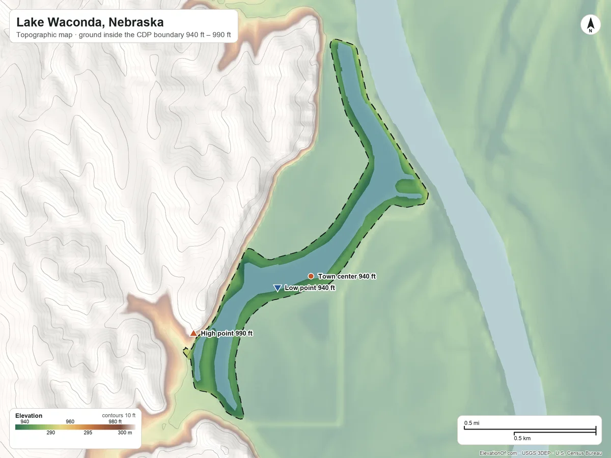 Topographic elevation map of Lake Waconda, Nebraska, shaded from 940 ft near the middle to 990 ft on the southwest side