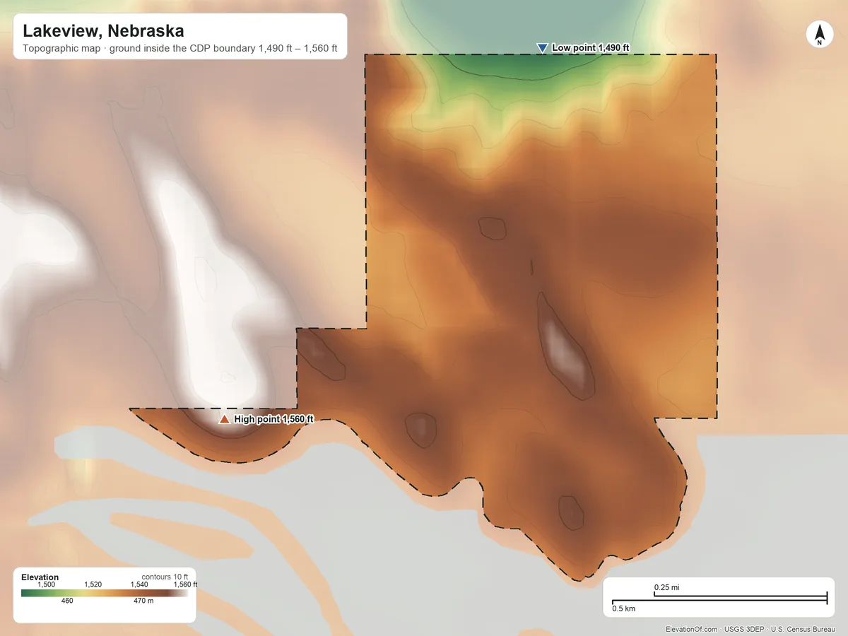 Topographic elevation map of Lakeview, Nebraska, shaded from 1,490 ft on the north side to 1,560 ft on the west side