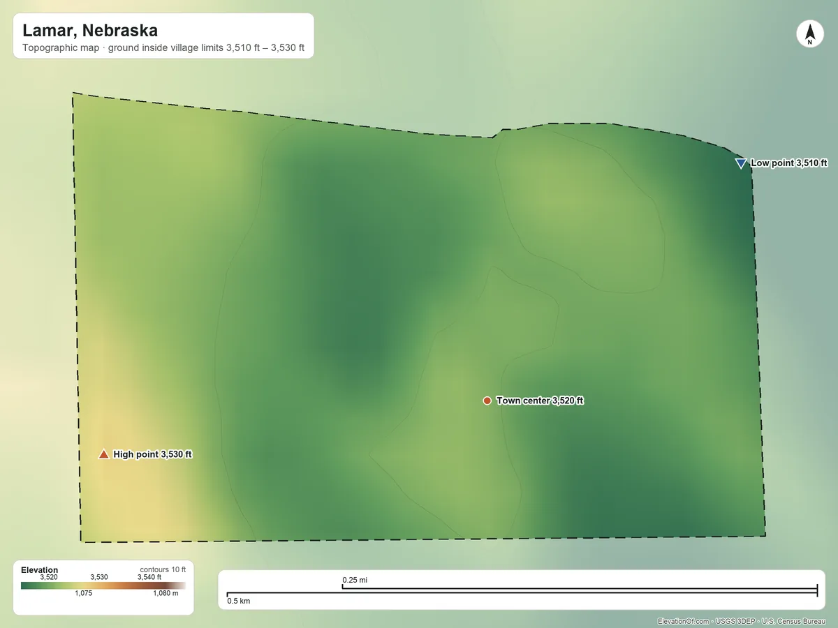 Topographic elevation map of Lamar, Nebraska, shaded from 3,510 ft on the northeast side to 3,530 ft on the west side
