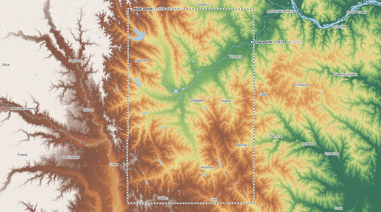 Topographic elevation map of Lancaster County, Nebraska, shaded from 1,070 ft on the northeast side to 1,520 ft on the northwest side
