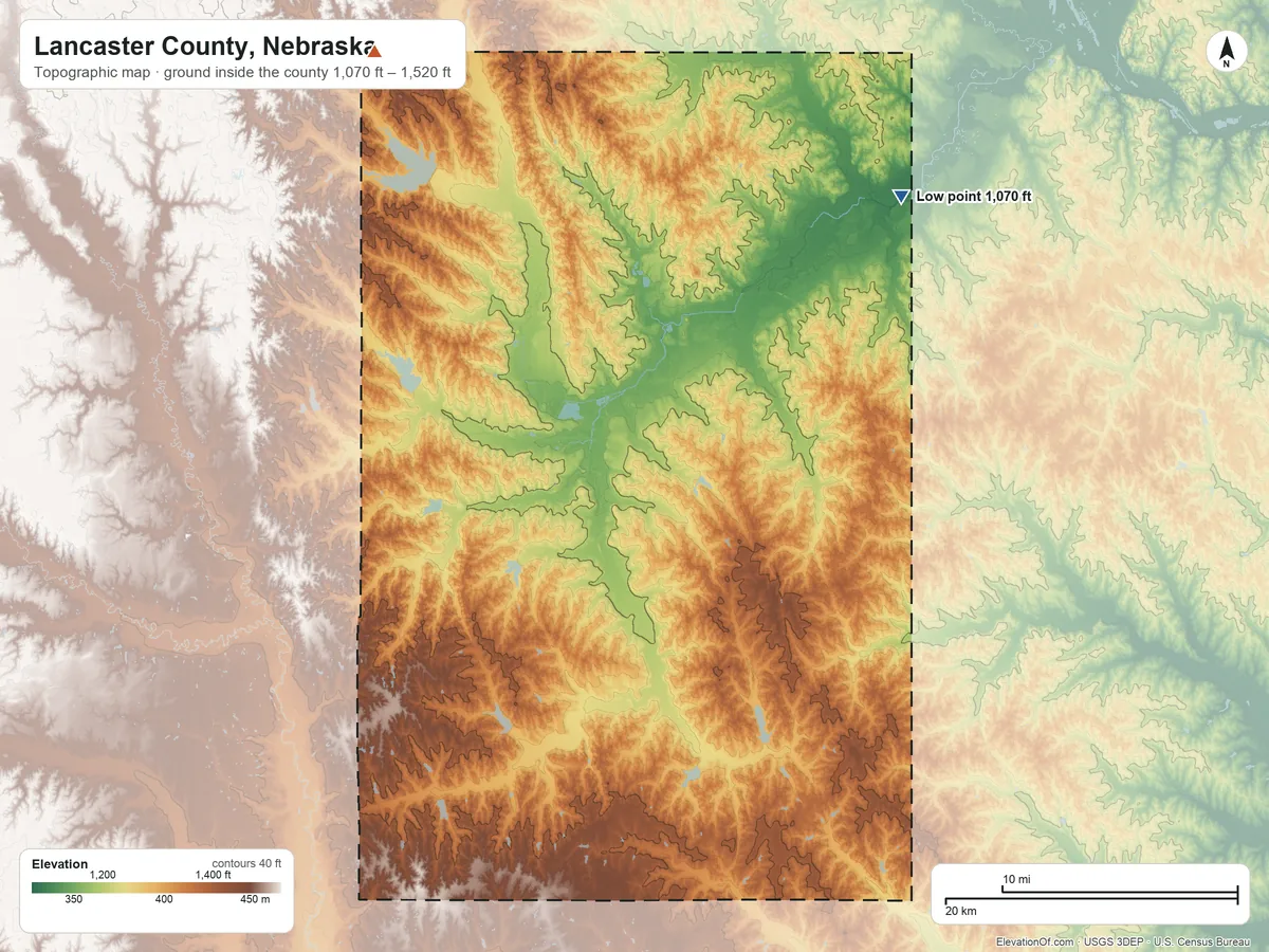 Topographic elevation map of Lancaster County, Nebraska, shaded from 1,070 ft on the northeast side to 1,520 ft on the northwest side
