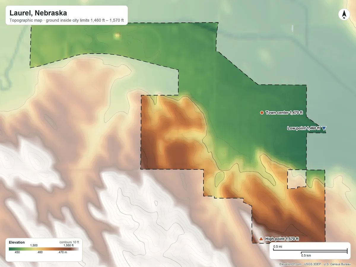 Topographic elevation map of Laurel, Nebraska, shaded from 1,460 ft on the east side to 1,570 ft on the south side
