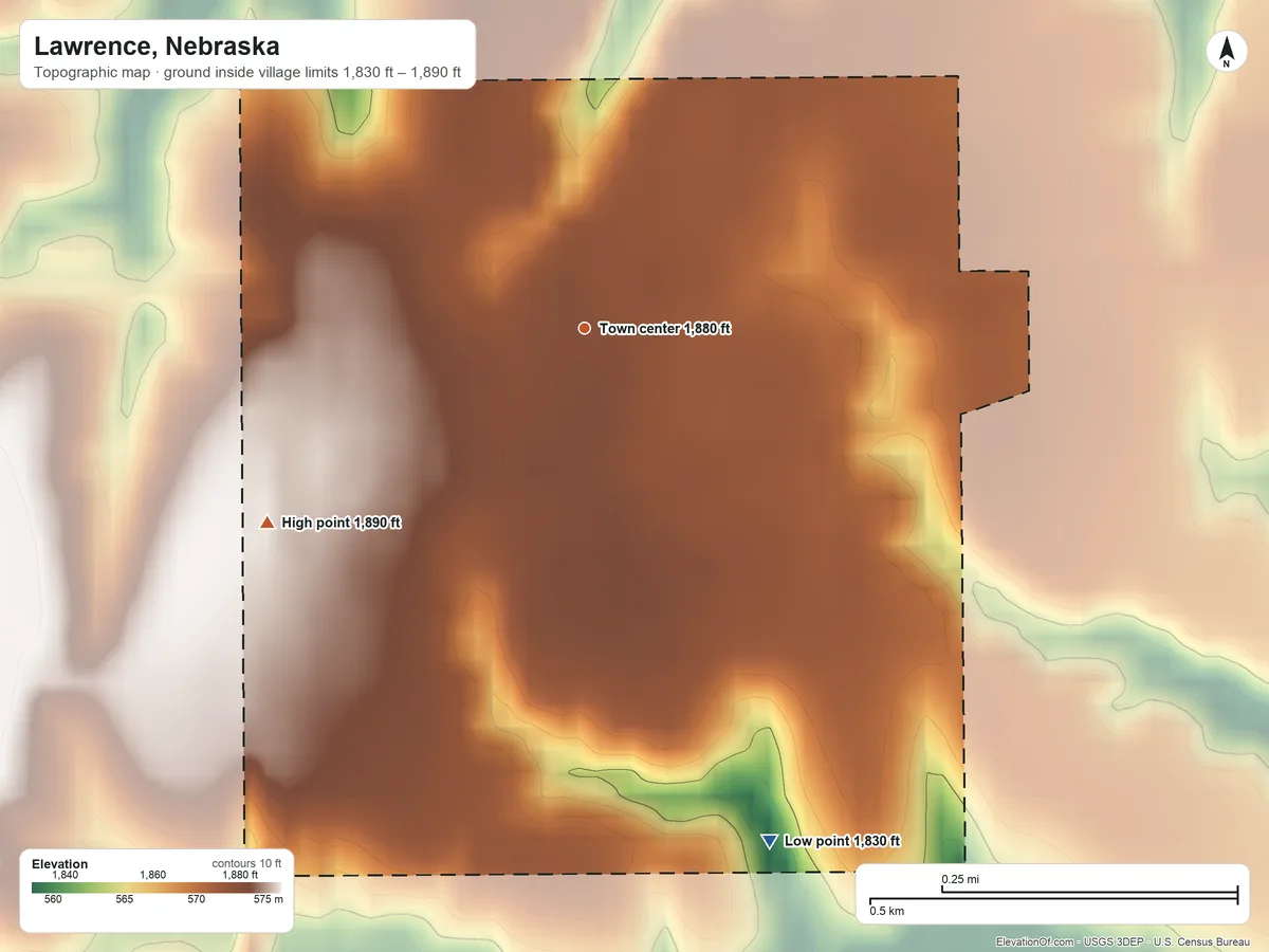 Topographic elevation map of Lawrence, Nebraska, shaded from 1,830 ft on the south side to 1,890 ft on the southwest side