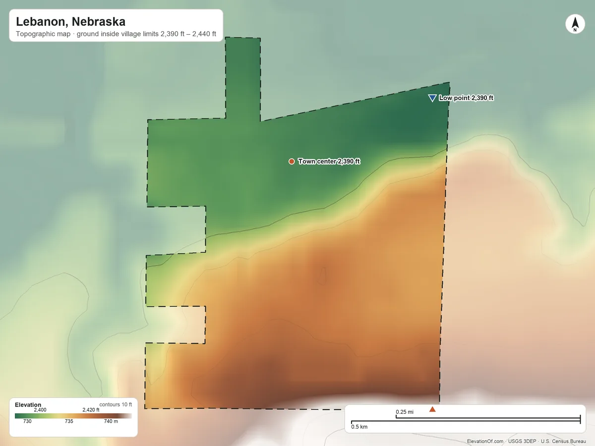 Topographic elevation map of Lebanon, Nebraska, shaded from 2,390 ft on the northeast side to 2,440 ft on the southeast side