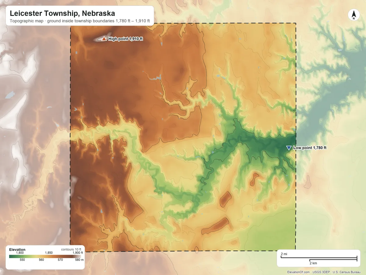 Topographic elevation map of Leicester Township, Nebraska, shaded from 1,780 ft on the east side to 1,910 ft on the northeast side