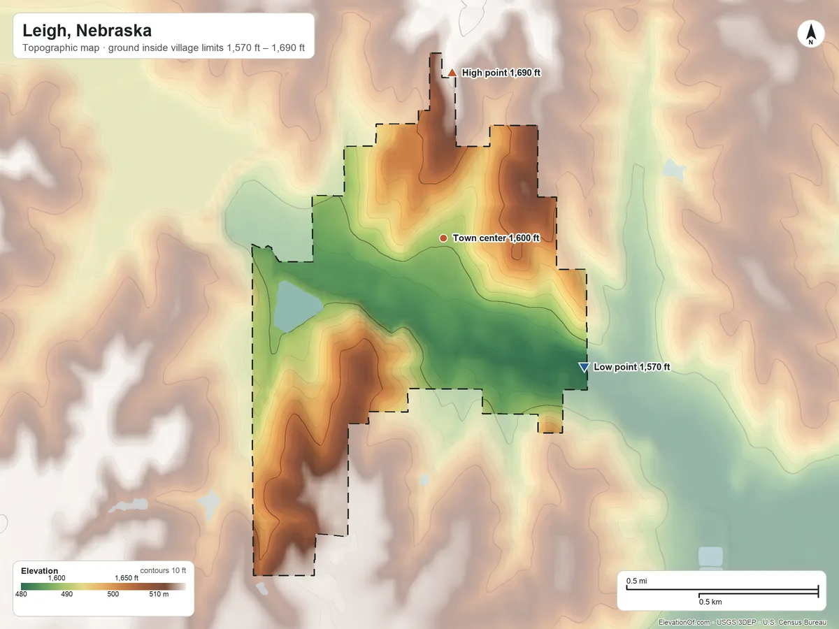 Topographic elevation map of Leigh, Nebraska, shaded from 1,570 ft on the southeast side to 1,690 ft on the north side