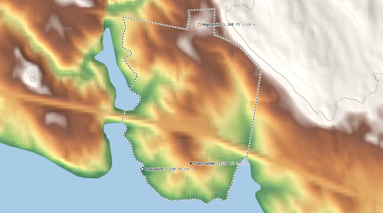 Topographic elevation map of Lemoyne, Nebraska, shaded from 3,250 ft on the west side to 3,380 ft on the north side