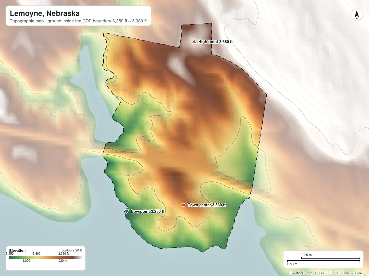 Topographic elevation map of Lemoyne, Nebraska, shaded from 3,250 ft on the west side to 3,380 ft on the north side