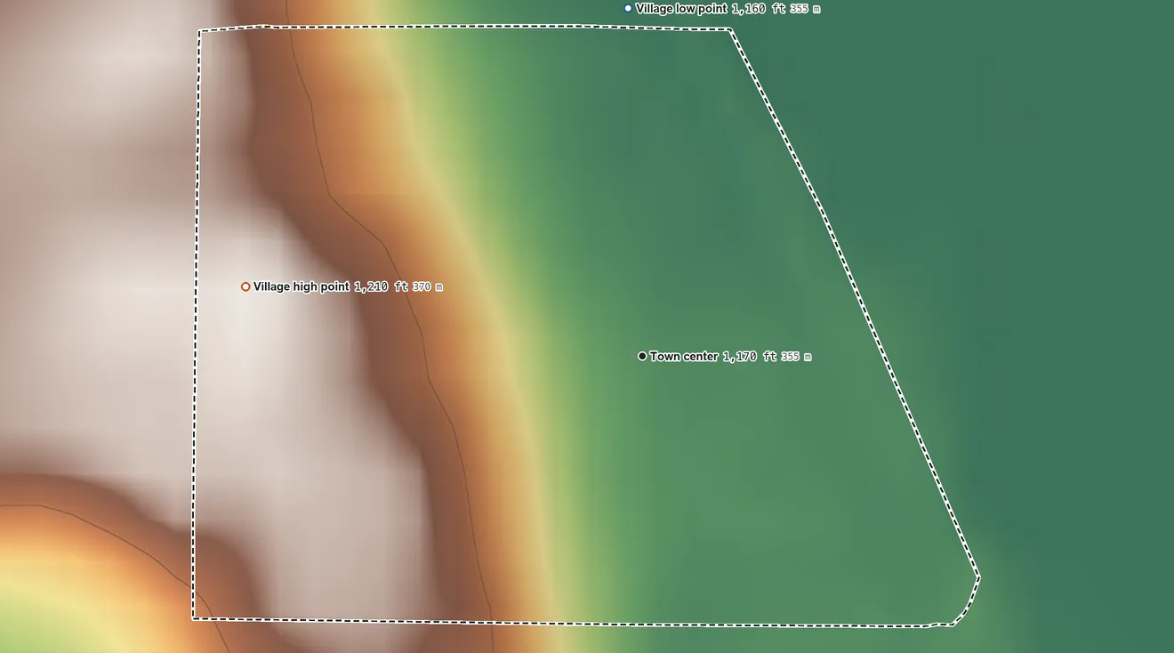 Topographic elevation map of Leshara, Nebraska, shaded from 1,160 ft on the north side to 1,210 ft on the west side