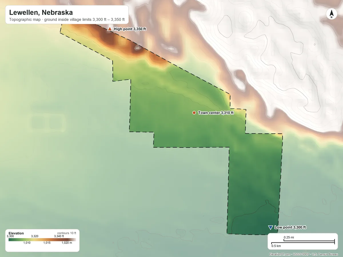 Topographic elevation map of Lewellen, Nebraska, shaded from 3,300 ft on the southeast side to 3,350 ft on the northwest side