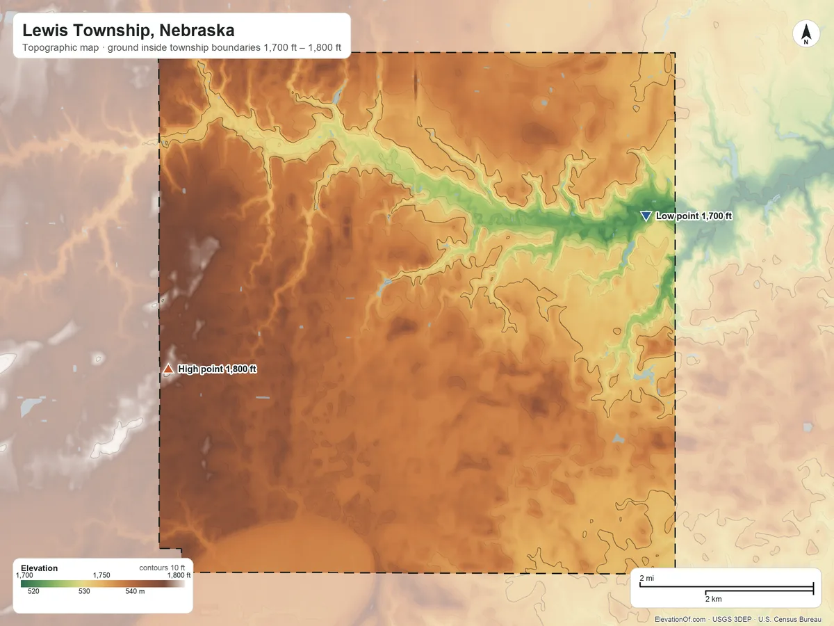 Topographic elevation map of Lewis Township, Nebraska, shaded from 1,700 ft on the northeast side to 1,800 ft on the west side