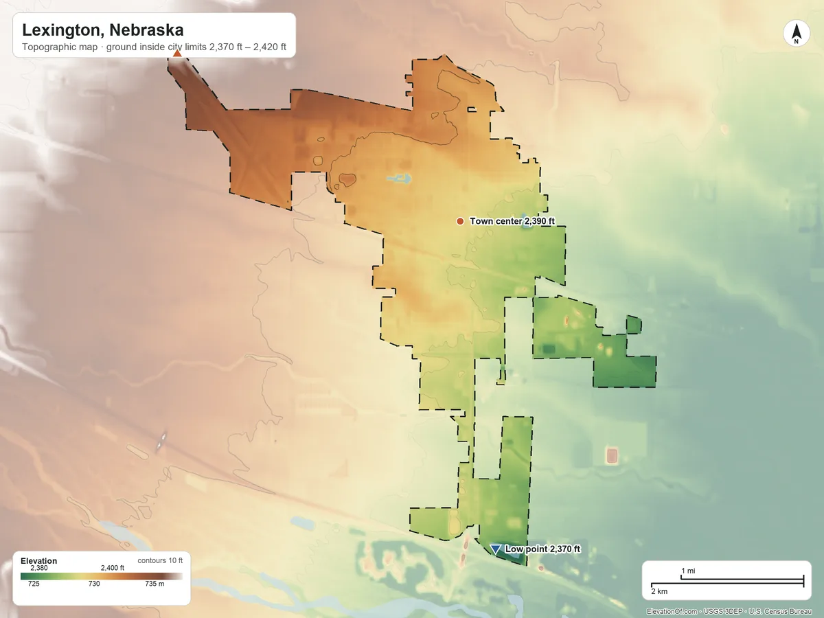 Topographic elevation map of Lexington, Nebraska, shaded from 2,370 ft on the south side to 2,420 ft on the northwest side