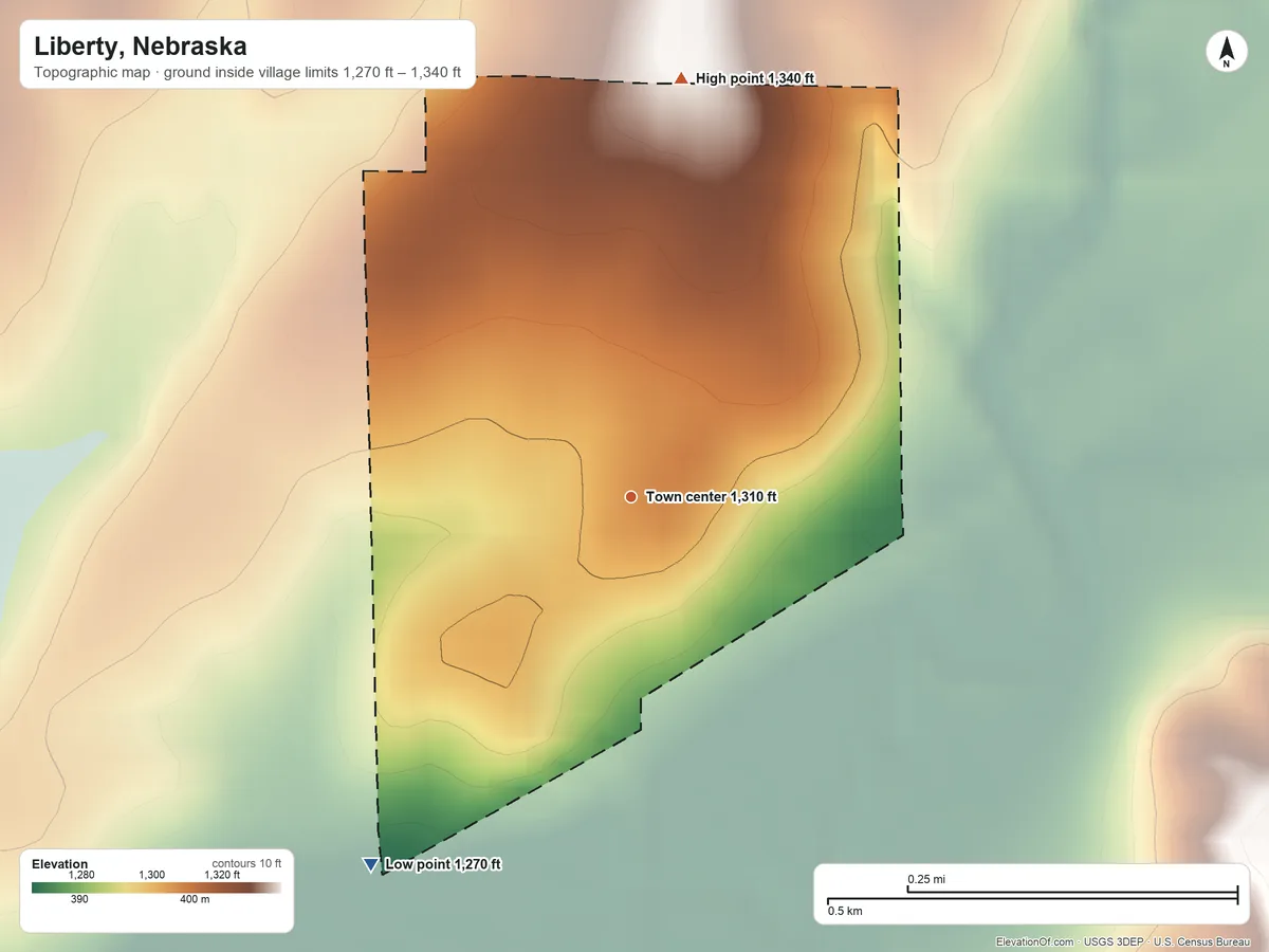 Topographic elevation map of Liberty, Nebraska, shaded from 1,270 ft on the southwest side to 1,340 ft on the north side