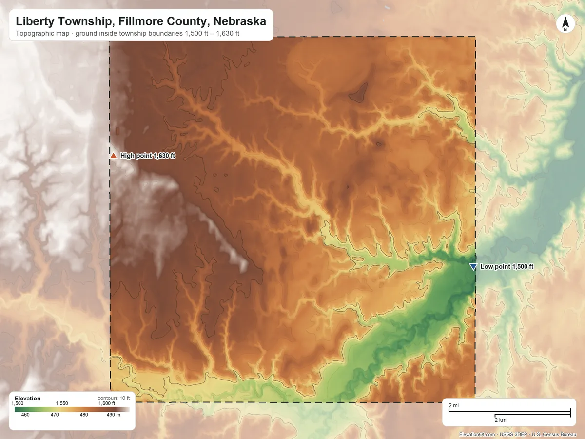 Topographic elevation map of Liberty Township, Fillmore County, Nebraska, shaded from 1,500 ft on the east side to 1,630 ft on the northwest side