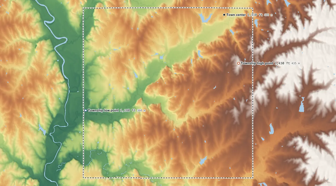 Topographic elevation map of Liberty Township, Nebraska, shaded from 1,180 ft on the southwest side to 1,430 ft on the south side