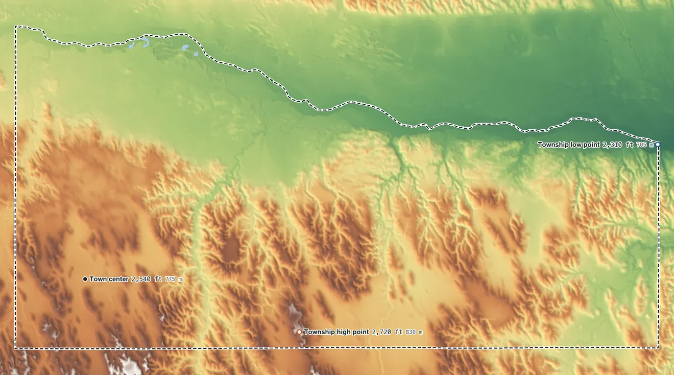 Topographic elevation map of Lillian Township, Nebraska, shaded from 2,310 ft on the east side to 2,720 ft on the east side