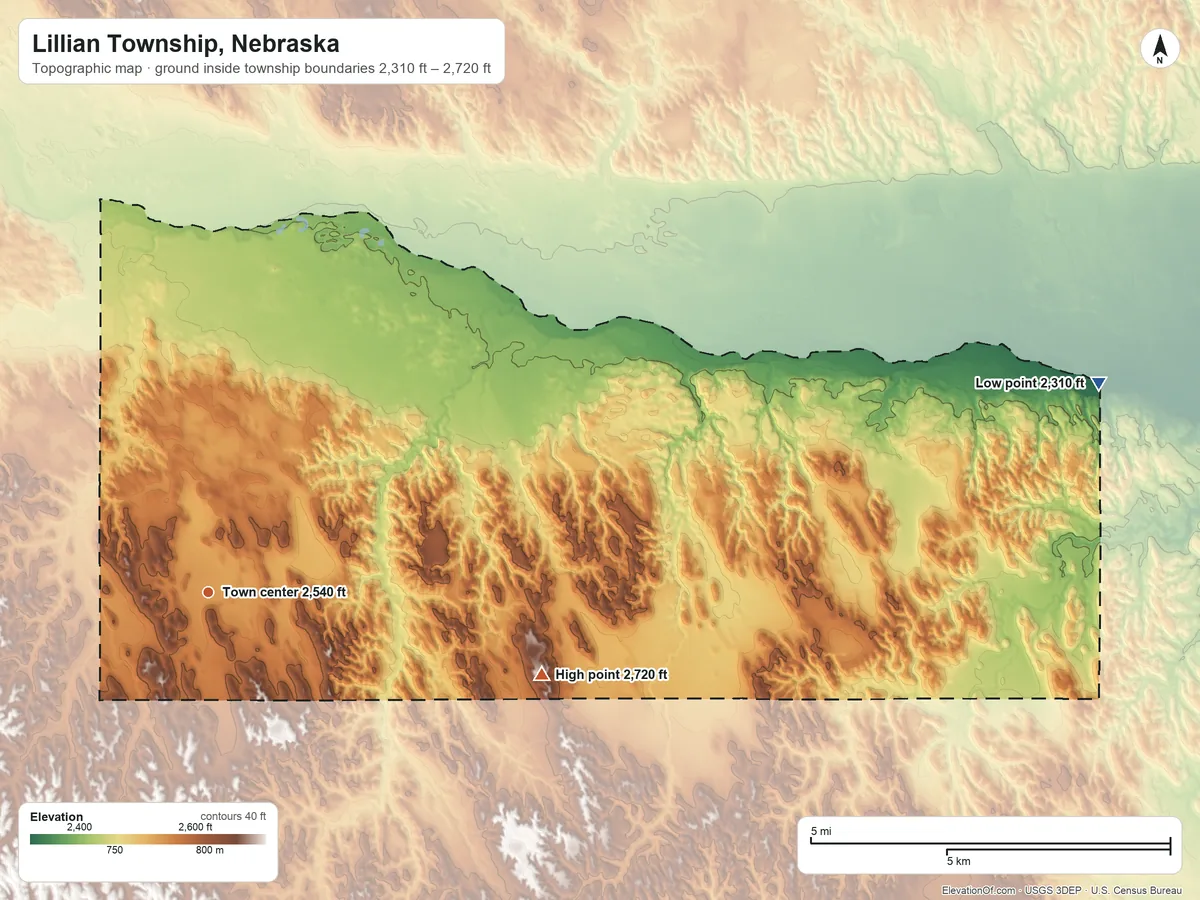 Topographic elevation map of Lillian Township, Nebraska, shaded from 2,310 ft on the east side to 2,720 ft on the east side
